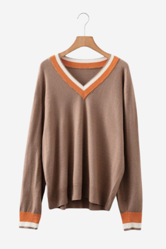 Varsity Stripe Contrast Trim V-Neck Sweater