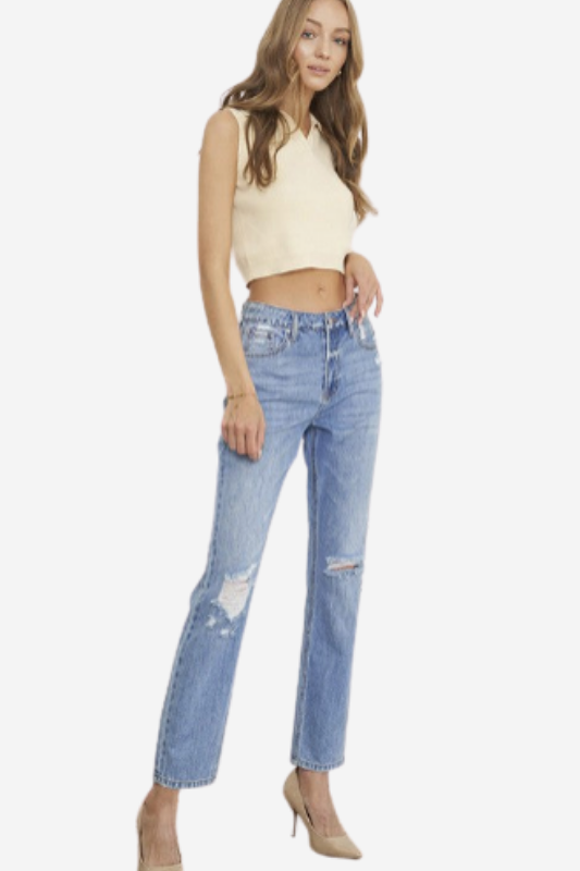 High Rise Distressed Girlfriend Jeans