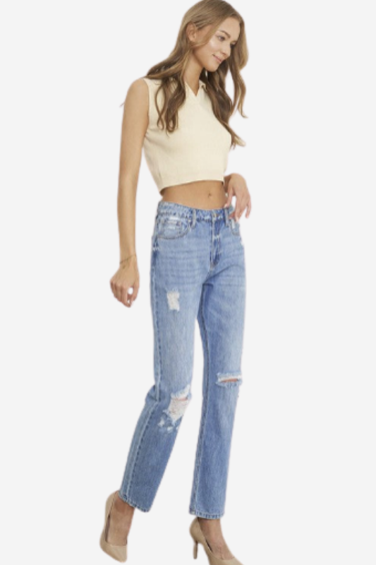 High Rise Distressed Girlfriend Jeans