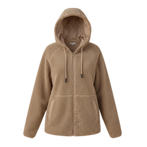 Brown Women's Fleece Zip-Up Hooded Jacket - Front View