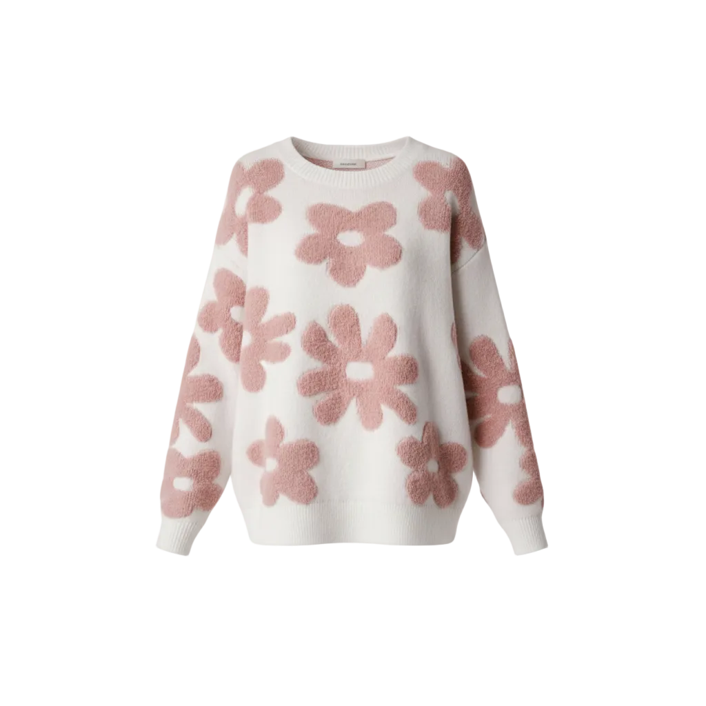 Flower Drop Shoulder Loose Sweater - Front View